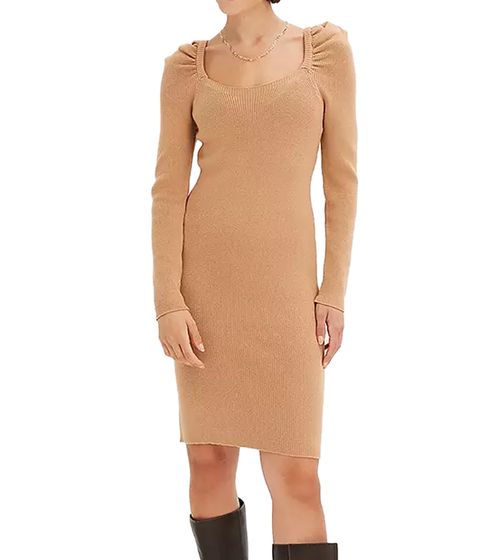 Vestido de punto acanalado para mujer con escote cuadrado, minivestido de manga larga 921895 Marrón