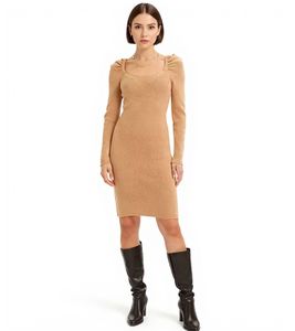 Women's Rib-Knit Dress with Square Neckline, Mini Dress with Long Sleeves 921895 Brown