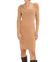 Damen Ripp-Strick-Kleid mit Karree-Ausschnitt Mini-Kleid mit langen Ärmeln 921895 Braun