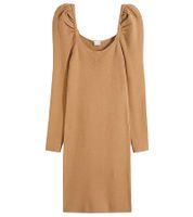 Damen Ripp-Strick-Kleid mit Karree-Ausschnitt Mini-Kleid mit langen Ärmeln 921895 Braun