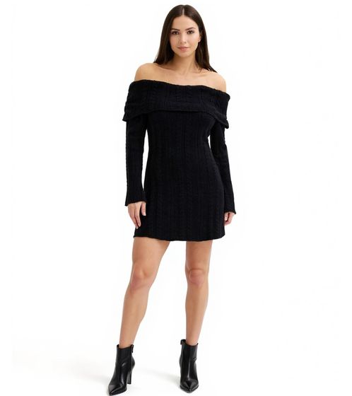 Damen Strick-Kleid mit Bardot-Ausschnitt Mini-Kleid Schulterfrei 970506 Schwarz