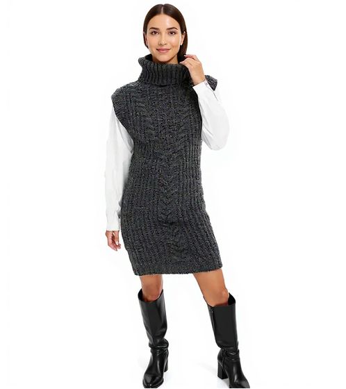 Damen Strick-Kleid mit Rollkragen Pullover-Kleid im Zopfmuster 964128 Grau