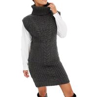 Damen Strick-Kleid mit Rollkragen Pullover-Kleid im Zopfmuster 964128 Grau