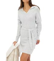 Damen Strick-Kleid Mini-Kleid mit Polo-Kragen Langarm-Kleid Baumwoll-Kleid 917467 Grau