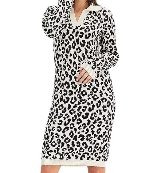 Vestido de punto para mujer, vestido de oficina con estampado de leopardo, vestido de manga larga 971225 Blanco/Negro