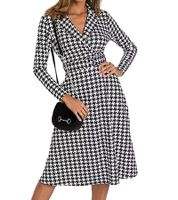 Vestido de mujer de punto, estilo ejecutivo, con estampado pata de gallo y cinturón, manga larga, talla 912240, blanco/negro Vestido de mujer de punto, estilo ejecutivo, con estampado pata de gallo y cinturón, manga larga, talla 912240, blanco/negro