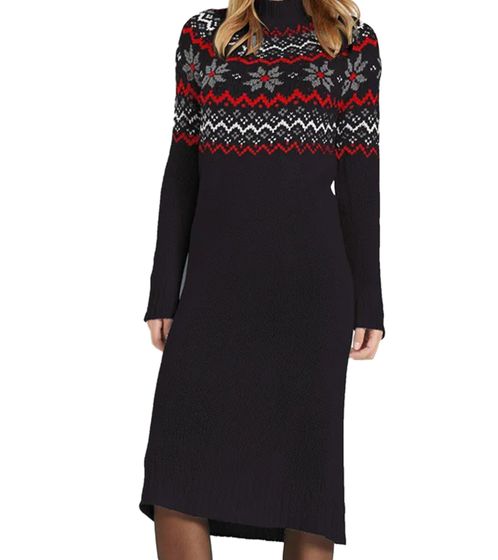 Vestido corto de punto Fair Isle con cuello alto para mujer, manga larga, negro, 976460