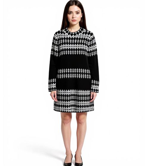 Damen Strick-Kleid mit Fairisle-Print Langarm-Kleid Herbst-Kleid 923627 Schwarz/Weiß