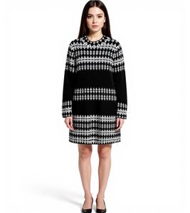 Robe en maille à imprimé Fair Isle pour femme, manches longues, robe d'automne, 923627, noir/blanc Robe en maille à imprimé Fair Isle pour femme, manches longues, robe d'automne, 923627, noir/blanc