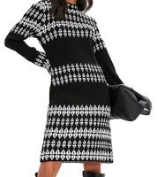 Abito in maglia da donna con stampa Fair Isle, abito a maniche lunghe, abito autunnale, 923627, nero/bianco