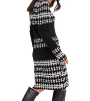Abito in maglia da donna con stampa Fair Isle, abito a maniche lunghe, abito autunnale, 923627, nero/bianco