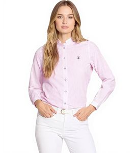 DELMAO Women's Blouse Cotton Shirt with Attached Ruffles 27264507 Pink/White