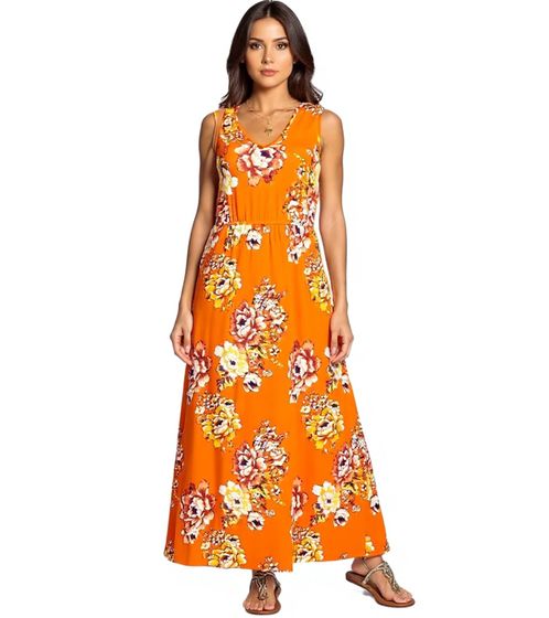 Laura Scott Damen Midi-Kleid ärmelloses Sommerkleid mit Blumendruck Strand-Kleid 94523917 Orange