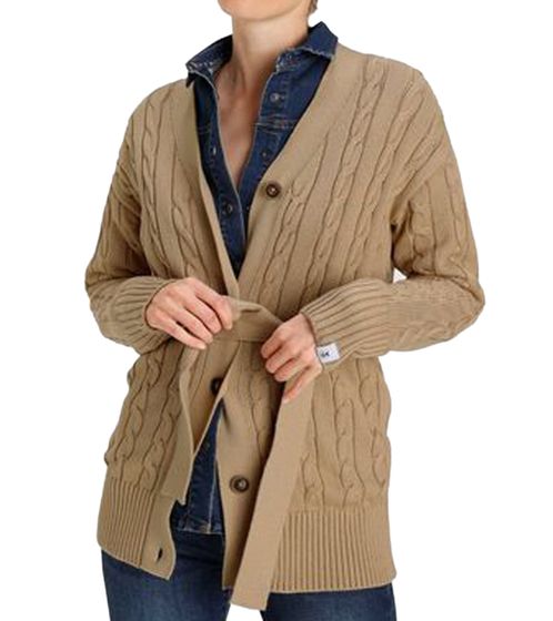 DELMAO Women's Cardigan, Timeless Jacket with Cable Knit Pattern and Tie, 82380451, Dark Beige