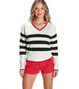 Pull AJC femme en maille style universitaire, pull en coton 89512917, blanc/noir