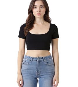 Top corto ZEGY para mujer, camisa de algodón acanalado, camiseta sencilla, 1084 Negro