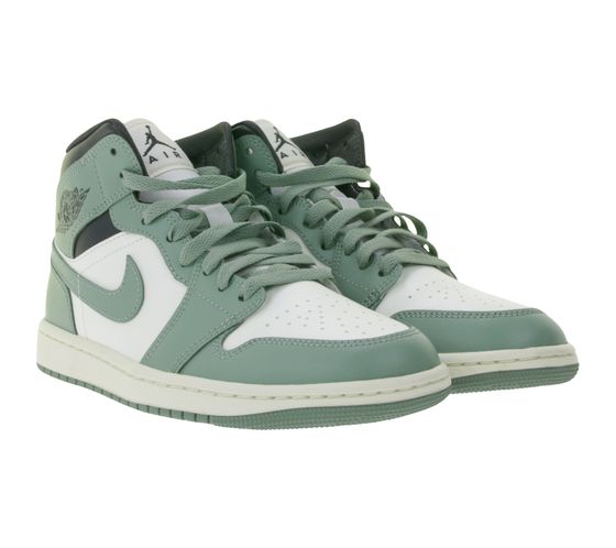 NIKE Air Jordan 1 Mid Damen Sneaker Echtleder Turnschuhe Mid-Top Sneaker BQ6472-130 Weiß/Grün/Schwarz