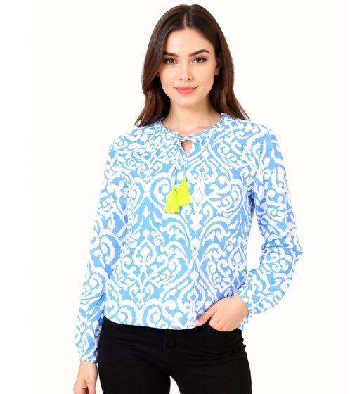 ZWILLINGSHERZ Ornaments Women's Summer Blouse Tunic Shirt with Tassels 33223-84 Blue/White/Yellow