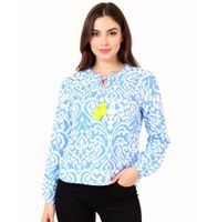 ZWILLINGSHERZ Ornamente Damen Sommer-Bluse Tunika-Shirt mit Quasten 33223-84 Blau/Weiß/Gelb ZWILLINGSHERZ Ornamente Damen Sommer-Bluse Tunika-Shirt mit Quasten 33223-84 Blau/Weiß/Gelb