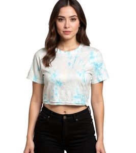Crop top tie-dye ZEGY pour femme, t-shirt en coton 1075 Blanc/Bleu