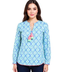 ZWILLINGSHERZ Damen Baumwoll-Bluse Sommer-Bluse "Tröpfchen" mit auffälligen-Muster 33236-76 Grün/Pink/Blau ZWILLINGSHERZ Damen Baumwoll-Bluse Sommer-Bluse "Tröpfchen" mit auffälligen-Muster 33236-76 Grün/Pink/Blau