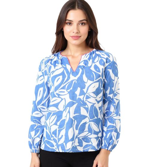ZWILLINGSHERZ Women's Summer Blouse with Leaf Pattern, Cotton Long Sleeve Shirt 33229-89, White/Blue/Pink