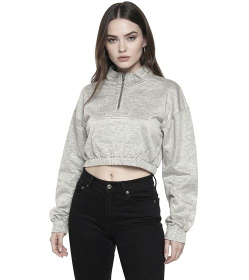Pull court ZEGY pour femme, demi-zip, manches longues, en coton, 1073 Gris