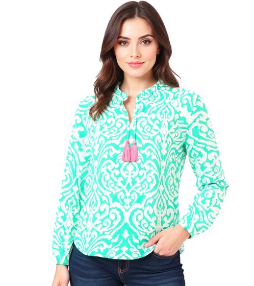 ZWILLINGSHERZ Ornaments Women's Summer Blouse Tunic Shirt with Tassels 33223-64 Green/White/Pink