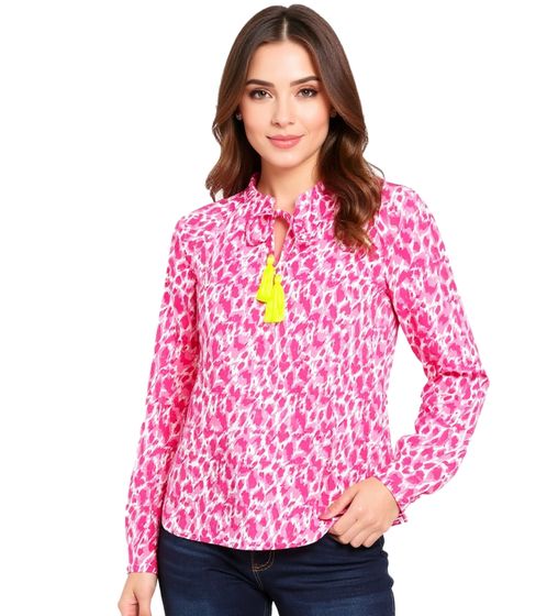 ZWILLINGSHERZ Colorful Leopard Women's Summer Blouse Tunic Shirt with Tassels 33224-51 Pink/Yellow/White