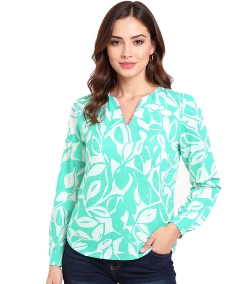 ZWILLINGSHERZ Damen Sommer-Bluse mit Blätter-Muster Baumwoll Langarmshirt 33229-64 Weiß/Grün/Pink