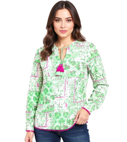 ZWILLINGSHERZ Women's Summer Blouse, Cotton Long-Sleeved Shirt in a Mixed Pattern, 33214-70 Green/Pink/White