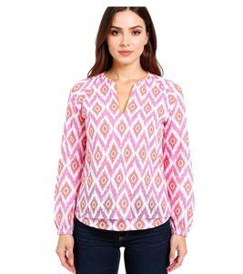 ZWILLINGSHERZ Damen Sommer-Bluse mit auffälligen-Muster Baumwoll Langarmshirt 33227-22 Weiß/Orange/Pink