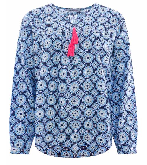 ZWILLINGSHERZ Maike Damen Sommer-Bluse Tunika-Shirt mit Quasten und Ornamenten 33125-1 Blau/Weiß/Pink