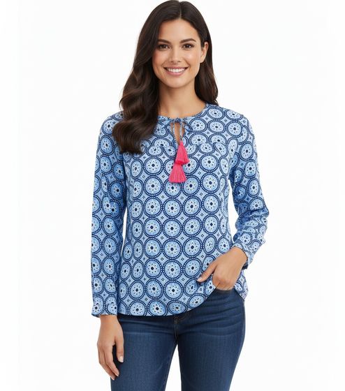 ZWILLINGSHERZ Maike Women's Summer Blouse Tunic Shirt with Tassels and Ornaments 33125-1 Blue/White/Pink