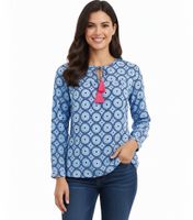 ZWILLINGSHERZ Maike Damen Sommer-Bluse Tunika-Shirt mit Quasten und Ornamenten 33125-1 Blau/Weiß/Pink ZWILLINGSHERZ Maike Damen Sommer-Bluse Tunika-Shirt mit Quasten und Ornamenten 33125-1 Blau/Weiß/Pink