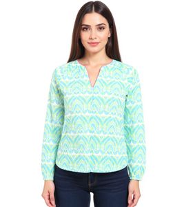 ZWILLINGSHERZ Women's Cotton Blouse, Summer Blouse, Tunic Shirt, 33236-88 Green/White/Blue