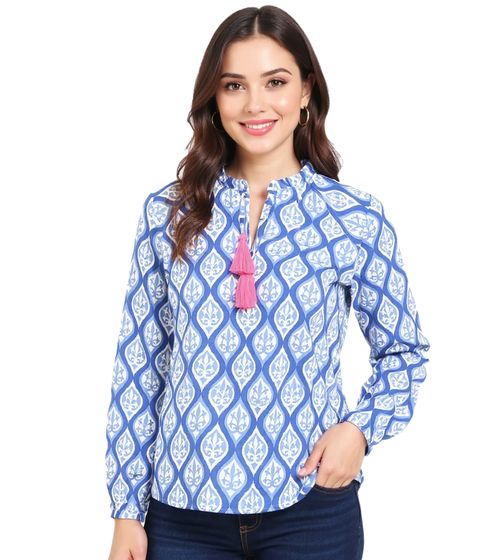 ZWILLINGSHERZ Women's Summer Blouse Tunic Shirt with Tassels and Vines 33246-89 Blue/White/Pink