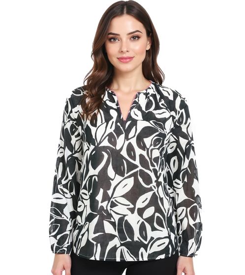 Blusa de verano ZWILLINGSHERZ para mujer, con estampado de hojas, de algodón, manga larga 33229-3, blanco/negro/rosa
