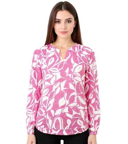 ZWILLINGSHERZ Damen Sommer-Bluse mit Blätter-Muster Baumwoll Langarmshirt 33229-13 Pink/Weiß/Gelb