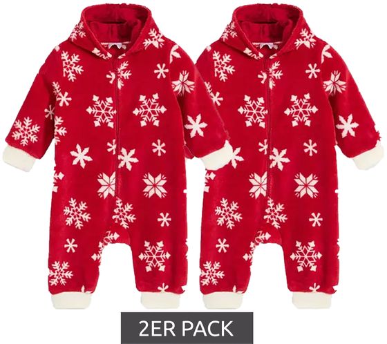 Confezione da 2 tutine per bambini in pile con cappuccio, motivo a fiocco di neve e cerniera, 954927, rosso/bianco
