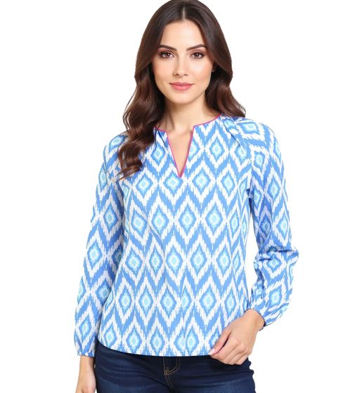ZWILLINGSHERZ Diamond Women's Summer Blouse with Diamond Pattern, Cotton Long Sleeve Shirt 33227-84, Blue/White/Pink