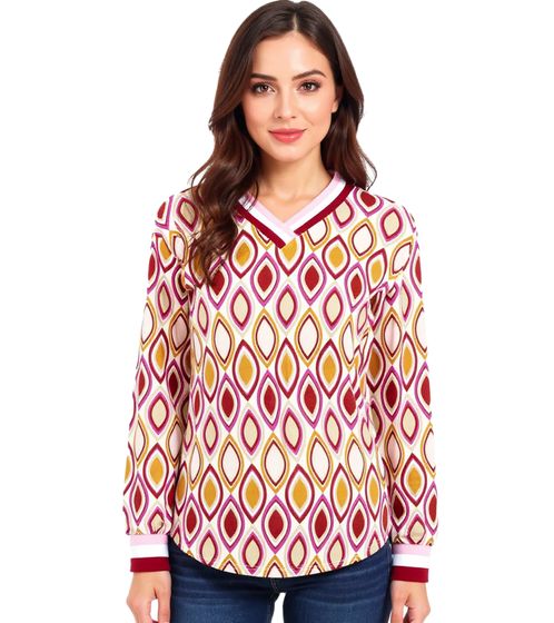 Camisa de verano ZWILLINGSHERZ con adornos de manga larga y estilo retro para mujer 31627-58 Beige/Rosa/Rojo