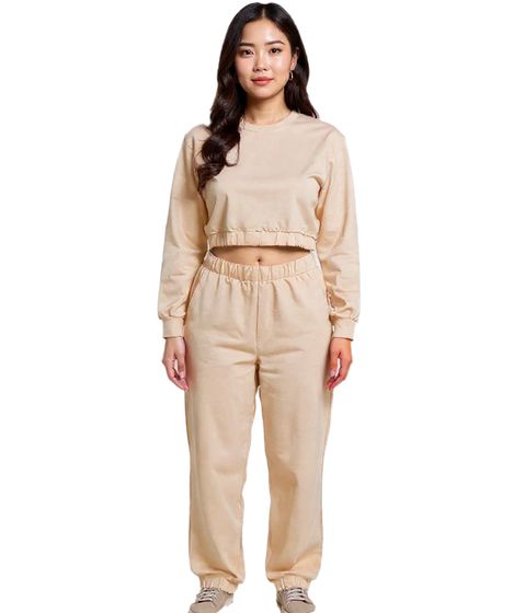 ZEGY Women's Jogging Suit, Sweat Jogger, Crop Sweater, Cotton Set, 1072 Beige