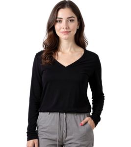 ZEGY Damen Pullover dünner Longsleeve mit V-Ausschnitt Sommer-Shirt 1078 Schwarz