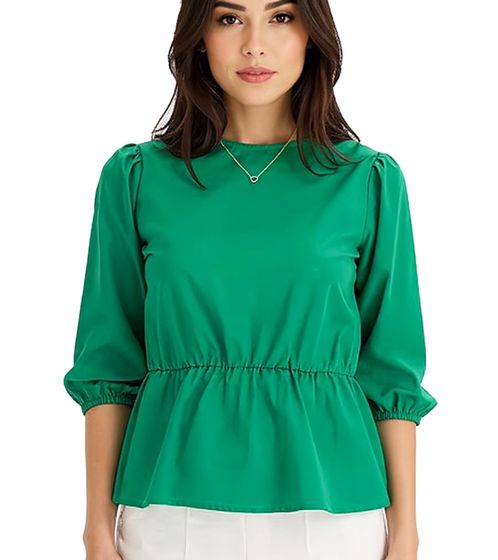 Damen Sommer-Bluse Rundhals-Bluse mit 3/4 Ärmeln und Taillengummi Baumwoll-Bluse 950069 Grün