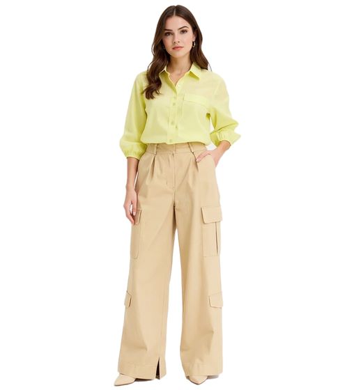 Pantalones cargo para mujer, prácticos pantalones de verano de algodón, pernera ancha y cintura alta, 972109 Beige