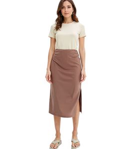 Falda Midi para Mujer, Elegante Falda de Verano con Fruncido y Abertura, 938576 Marrón Falda Midi para Mujer, Elegante Falda de Verano con Fruncido y Abertura, 938576 Marrón
