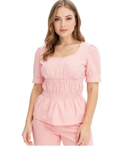 Blusa da donna con maniche a sbuffo, blusa in cotone, top estivo, camicia a maniche corte, 963325 Rosa Blusa da donna con maniche a sbuffo, blusa in cotone, top estivo, camicia a maniche corte, 963325 Rosa