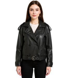 Veste en similicuir avec col et ceinture pour femme, manteau de printemps, 911397, noir Veste en similicuir avec col et ceinture pour femme, manteau de printemps, 911397, noir