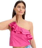 Blusa de algodón de verano para mujer, con un solo hombro y mangas abullonadas, 943264, color rosa